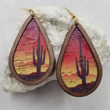 Wood Sunset Cactus Teardrop Earrings Western Southwestern