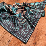 Western Longhorn Print Silky Wild Rag | 36x36 | Black & Turquoise