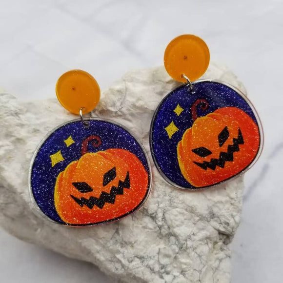 Glitter Acrylic Halloween Pumpkin Orange Purple Earrings