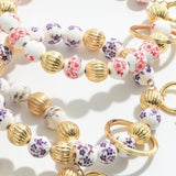 Purple & White Chinoiserie Porcelain Flower Beaded Bangle Bracelet Key Ring