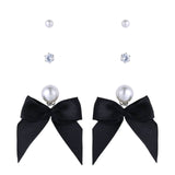3 Pack Pearl Black Bow and Stud Earrings Set