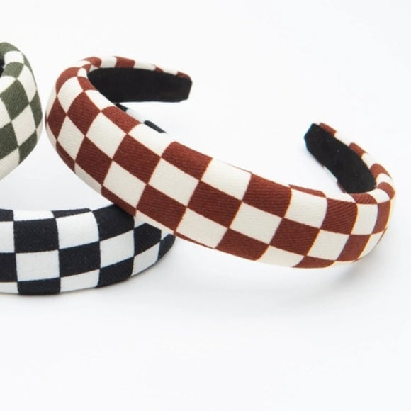 Checkered Headband Soft Fabric Padded Brown White