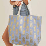 Gold Foil Pineapple Beach Tote Bag in Blue