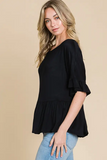 Boat Neck Tiered Ruffle Sleeve Top Black