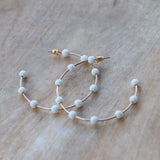 Gold with White Bead Hoop Earrings