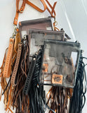 Shayne Small Clear Stadium Bag - Hand Tooled Leather Fringe Crossbody Concert Bag Black