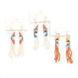 Fringe Color Block Beaded Boho Earrings Tan Blue Red