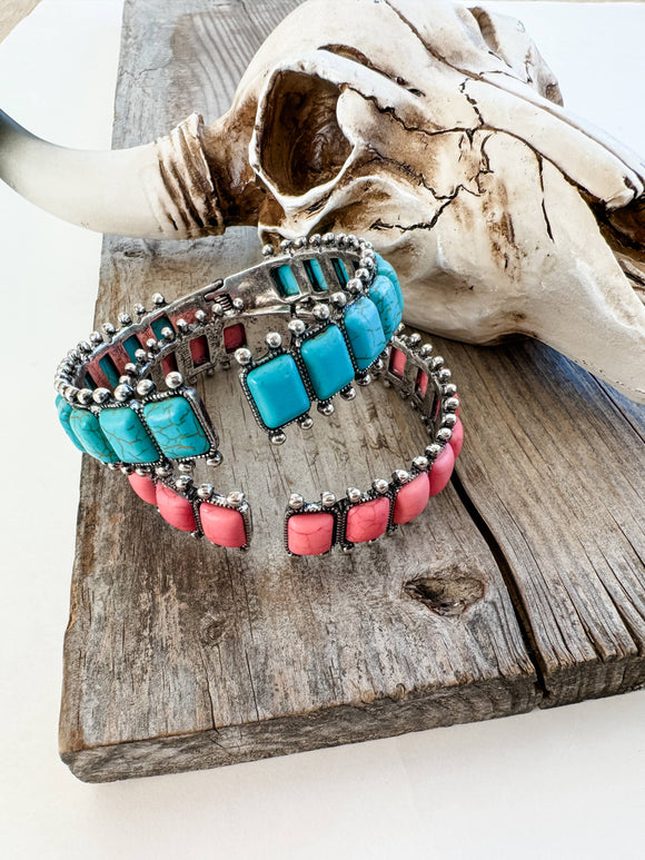 Western Rectangle Stone Hinge Bangle Bracelet Peachy Coral