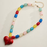 Colorful Beaded Heart Necklace | Multi-Color Barrel Bead Statement Necklace in Mauve