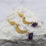 Natural Purple Crystal Celestial Sun And Moon Dangle Earrings