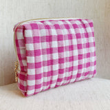 Gingham Cosmetic Case - Pink with Gold Daisy Zipper