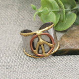 Mixed Metal Peace Sign Ring | Hammered Silver Band with Gold & Copper Boho Ring