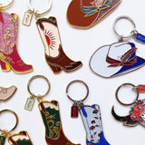 Lil Lady Cowgirl Country Western Enamel Keychain Pink Sunburst Boot