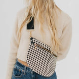 Black White Check Woven Crossbody Bag - Sling Belt Bag with Adjustable Strap