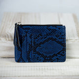 Molly Vegan Leather Snake Print Coin Zipper Tousled Pouch Blue Black