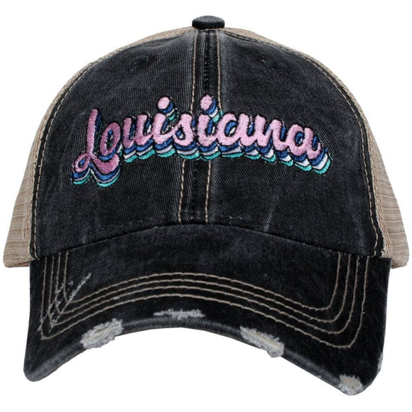 Louisiana Layered Embroidered Black Denim Distressed Trucker Hat