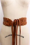 Wide Woven Vegan Leather Belt - Camel Brown Tie-Up Waist Belt