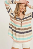 Multicolor Stripe French Terry Babydoll Top - Button Front Long Sleeve