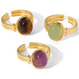 Sunburst Stone Ring - 18K Gold Adjustable Stainless Steel Jade