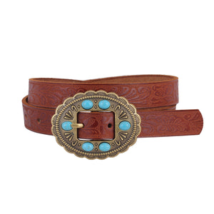 Western Southwestern Leather Tooled Belt with Round Turquoise Stone Buckle Tan