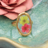 Pink Dried Flower Petal Ring – Oval Gold Botanical Statement Ring