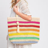 Striped Straw Crochet Tote Bag With Pom Pom Tassel