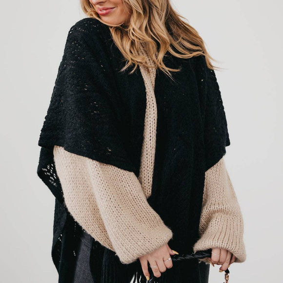 Prince Paisley Knit Fringe Shawl Wrap Black