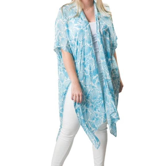 Kari Printed Lightweight Kimono Wrap Shawl Blue White Coastal Shells