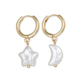 Mismatched Moon & Star Pearl Drop Gold Hoop Earrings