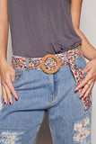 Floral Embroidered Belt – Cream & Multicolor | Round Beaded Buckle | Pol Clothing