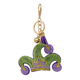 Bling Purple Green Yellow Mardi Gras Jester Hat Tassel Keychain Bag Charm
