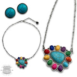 Western Southwestern Multicolor Stone Triangle Necklace Stud Earring Set
