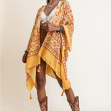 Touch of Morocco Tapestry Tassel Boho Kimono Wrap Shawl Mustard Yellow