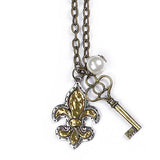 Charm Necklace with Hammered Fleur De Lis Key and Pearl Charms