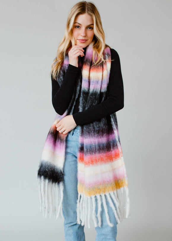 Black Multicolored Long Rectangle  Striped Scarf with Fringe