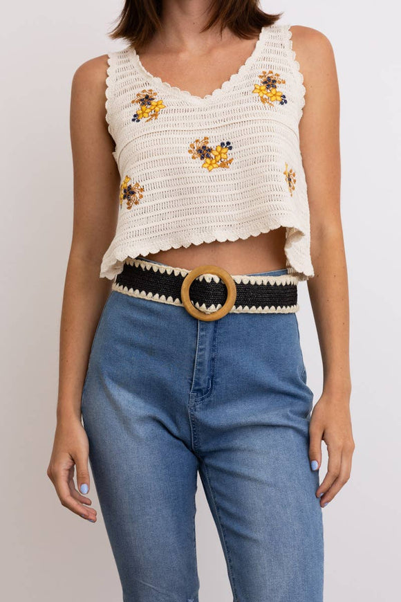 Boho Whipstitch Raffia Belt with Wooden Round Buckle Black