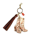 Pink Floral Cowgirl Boots Tassel Enamel Keychain Bag Charm