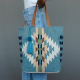 Light Blue, Cream & Tan Western Woven Cotton Tote Bag | Boho Pom Tassel Tote