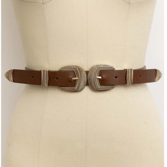 Double Buckle Vegan Leather Western Style Belt Dark Camel Brown