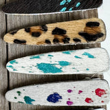 Western Hair On Cowhide Hair Clip Barrette: WHITE + TURQUOISE