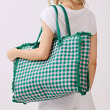 Gingham Check Terry Cloth Frayed Tote Bag in Pink & Green