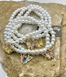Boho Pearl & Butterfly Charm Bracelet Stack | Set of 5 | Glass Pearl Stretch Bracelets
