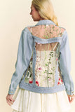 Floral Embroidery Mesh Denim Jacket | Sheer Panel Button-Front