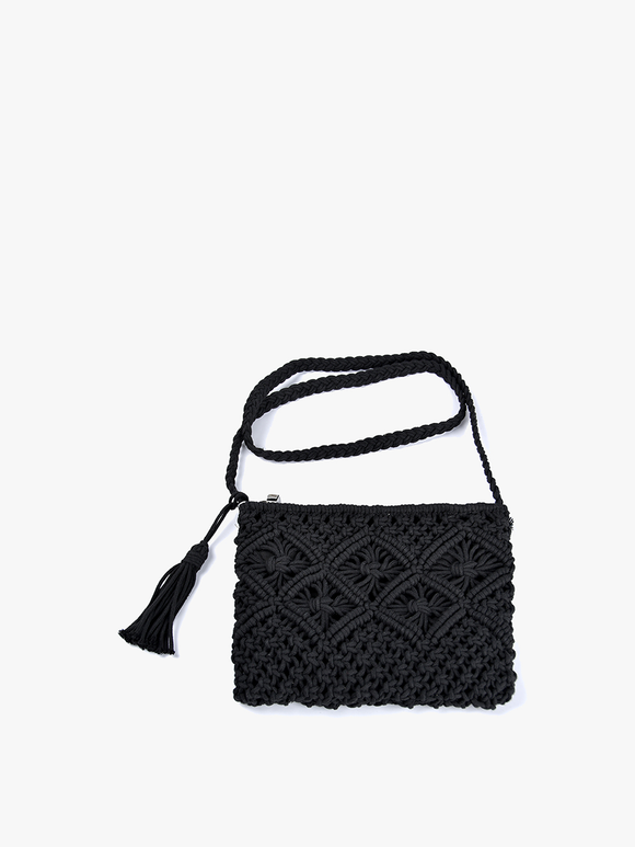 Val Cotton Macrame Crossbody Bag with Tassel Black