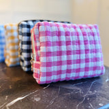 Gingham Cosmetic Case - Pink with Gold Daisy Zipper