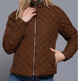 Suede Piping Detail Knit Rib Quilted Padding Jacket Hazelnut Brown