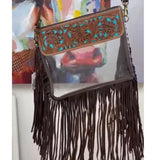 Hand Tooled Leather Clear Purse Crossbody Concert Game Day Brown and Turquoise