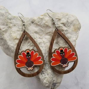 Fall Thanksgiving Turkey Wood Teardrop Earrings