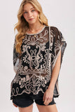 Embroidered Mesh Crochet Top - Black with Ivory Detail