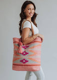 Orange, Pink & Slate Aztec Woven Cotton Tote Bag | Boho Tassel Tote